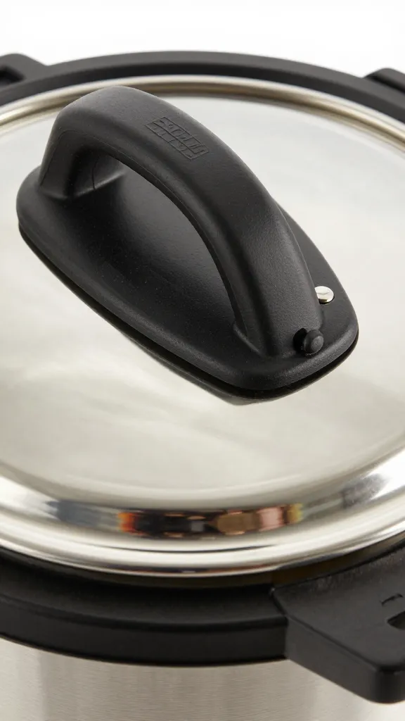 stovetop pressure cooker lid locking mechanism in sharp focus