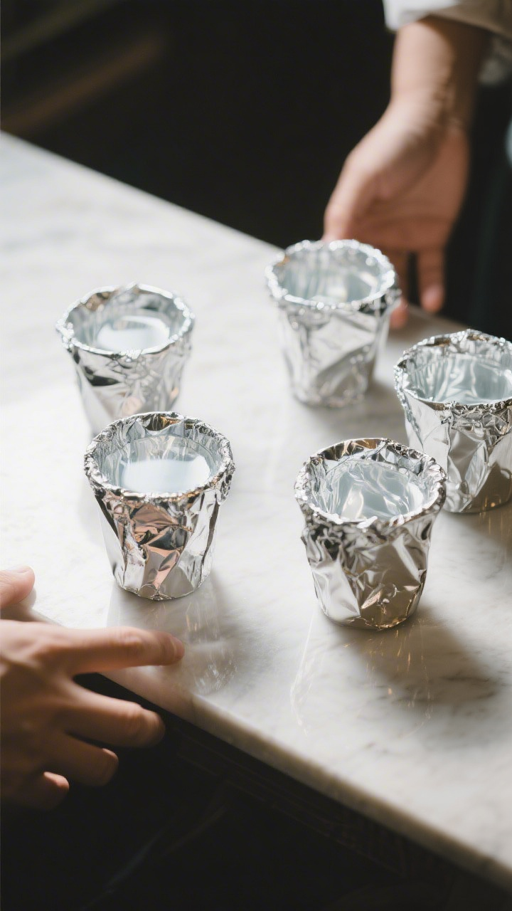 5 cups water visible around, foil cover folded back to reveal the surface; clean, bright lighting, c