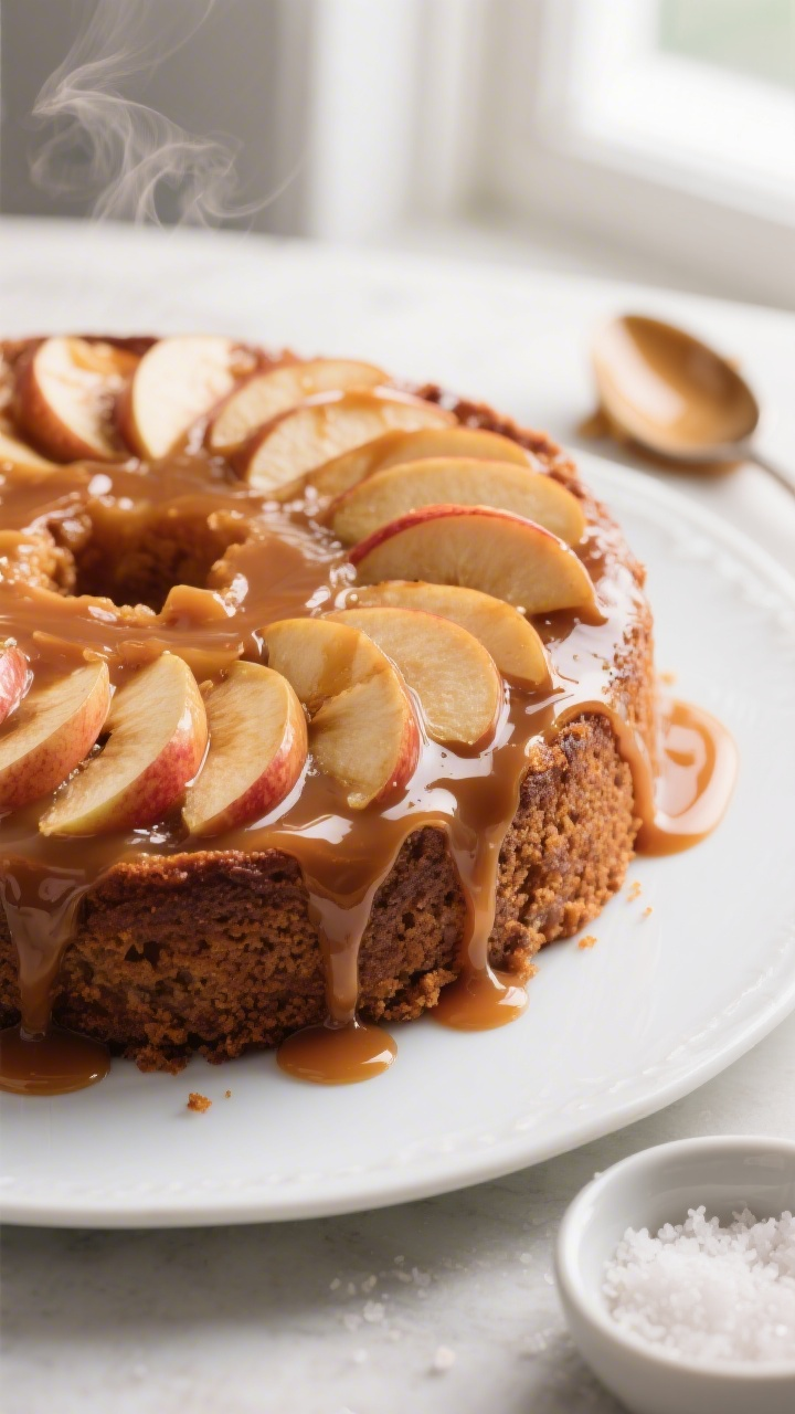 Close-up detail: A freshly inverted pressure cooker caramel apple upside-down cake on a white platte