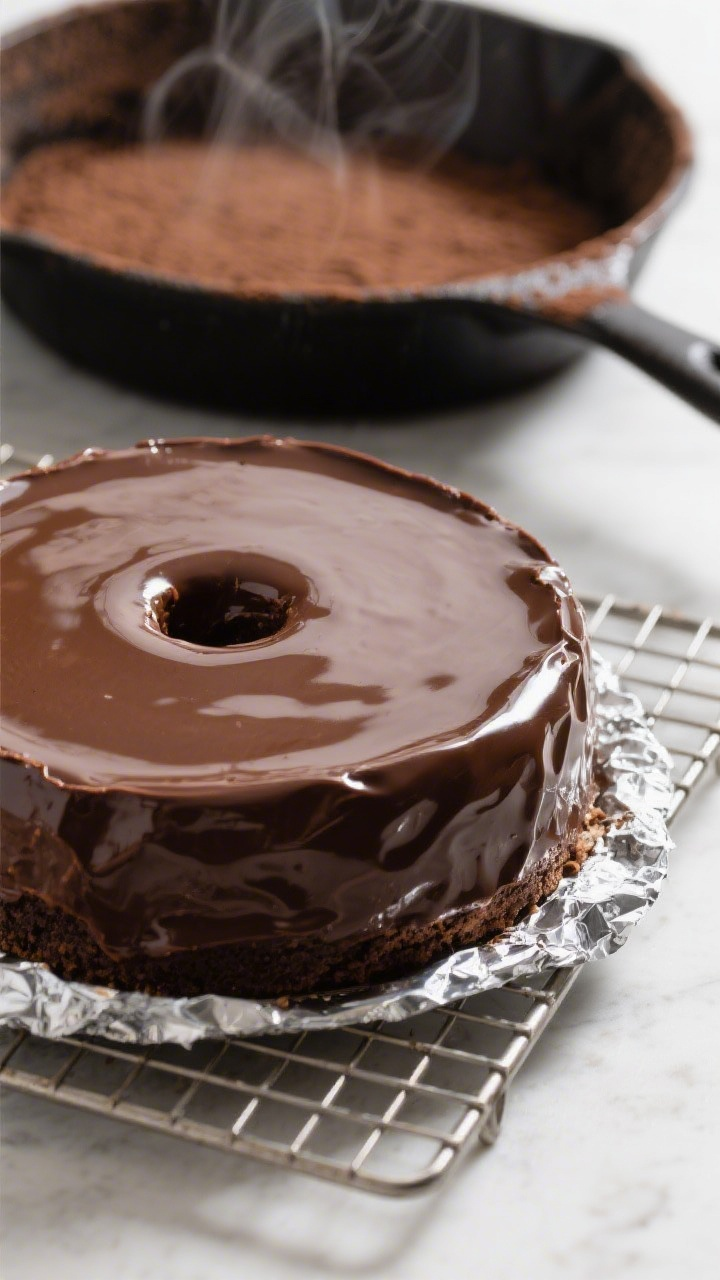 Close-up detail: A glossy, just-unmolded pressure-cooked coffee–espresso torte cooling on a wire r