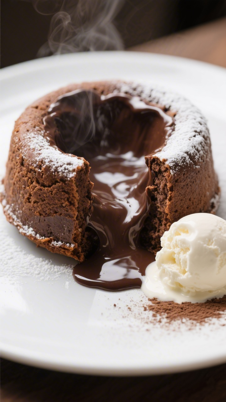 Close-up detail: A just-unmolded Chocolate Lava Pressure Cake split open, rich molten chocolate cent