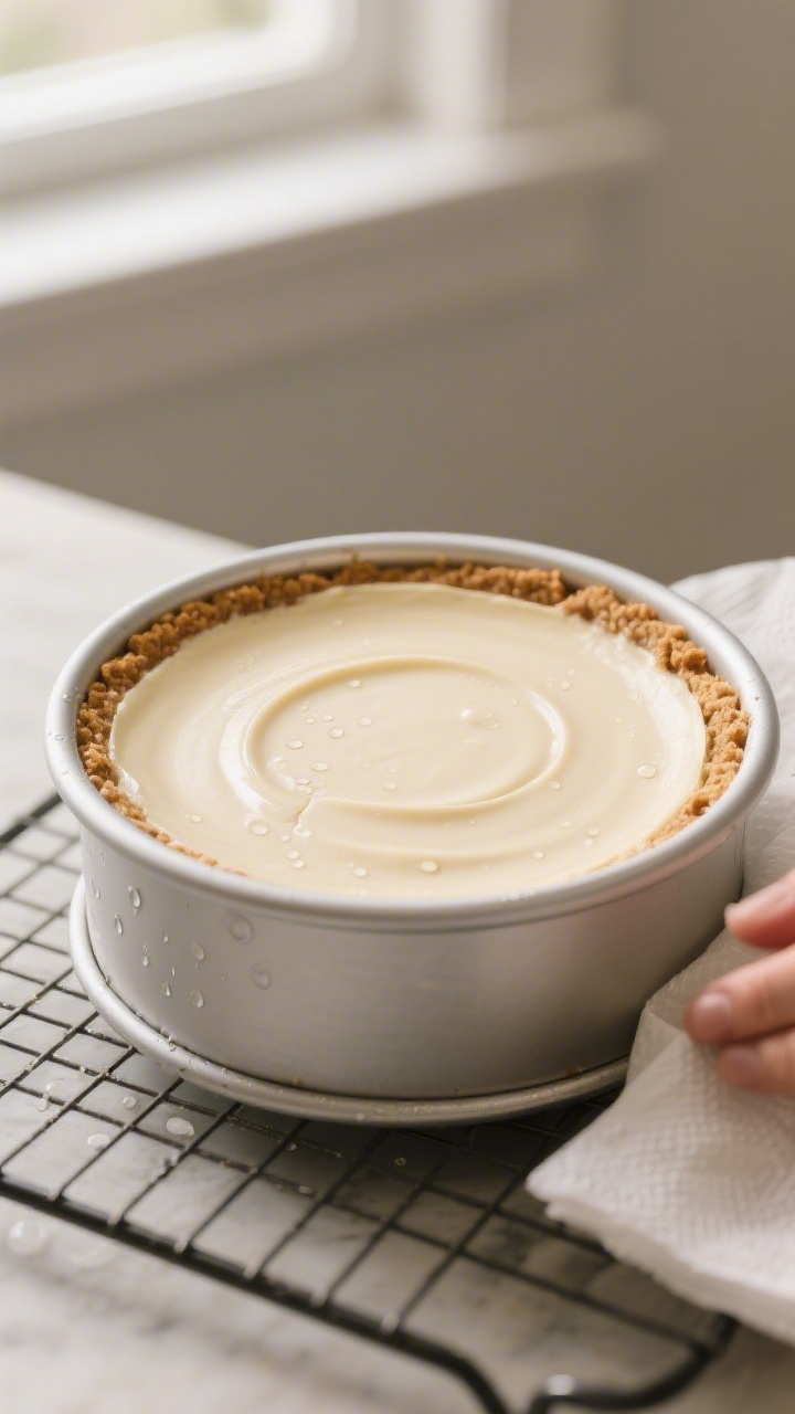 Close-up detail: A just-unmolded pressure-cooker velvet cheesecake on a cooling rack, smooth satin t