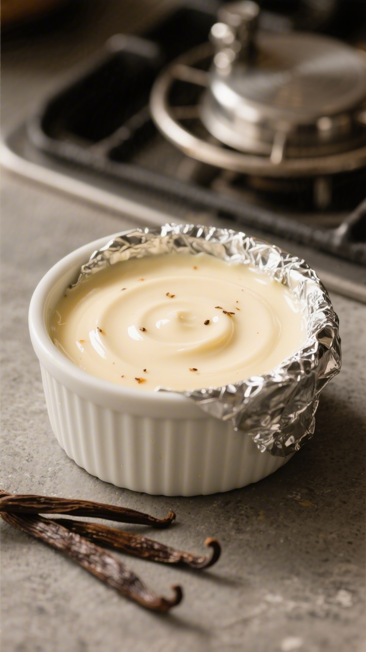Close-up detail: A just-unmolded silky vanilla bean custard in a white ramekin with the foil freshly