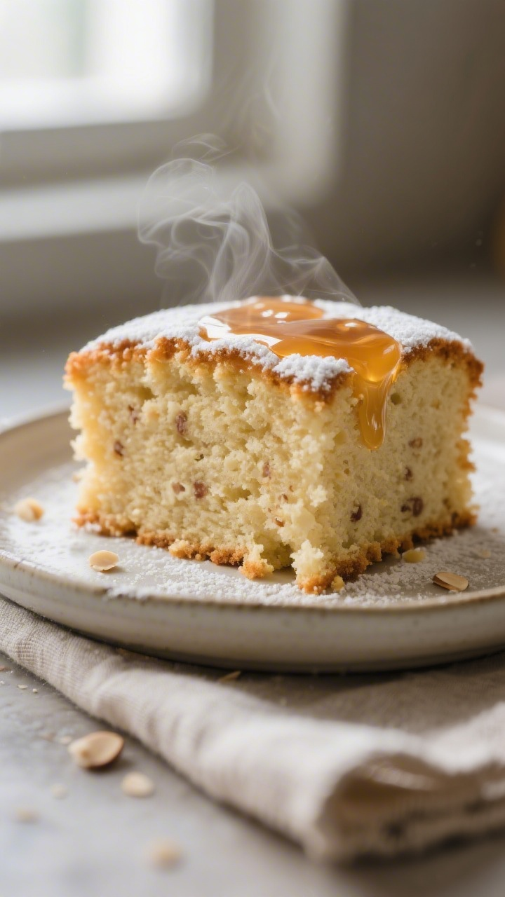 Close-up detail: A slice of Pressure Cooker Yogurt Honey Snack Cake just out of the pan, crumb torn 