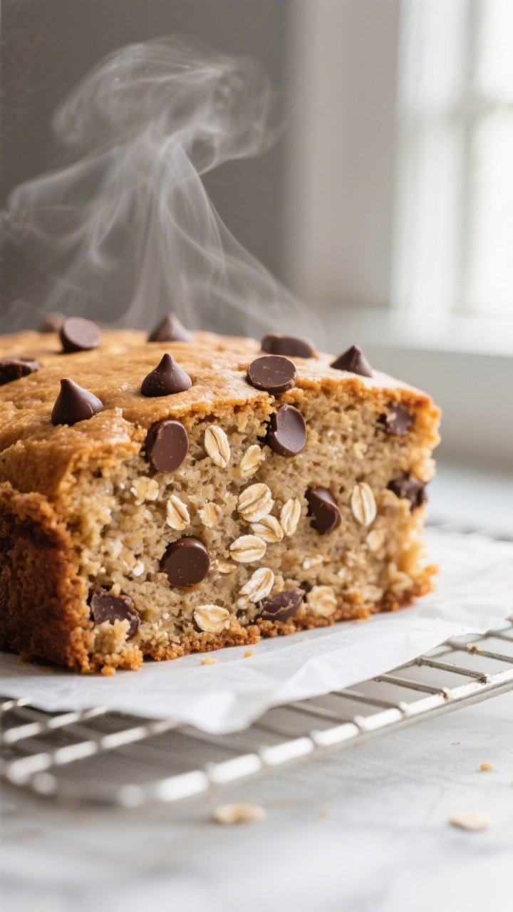 Close-up detail: A warm slice of chocolate chip oatmeal cake just out of the pressure cooker, crumb