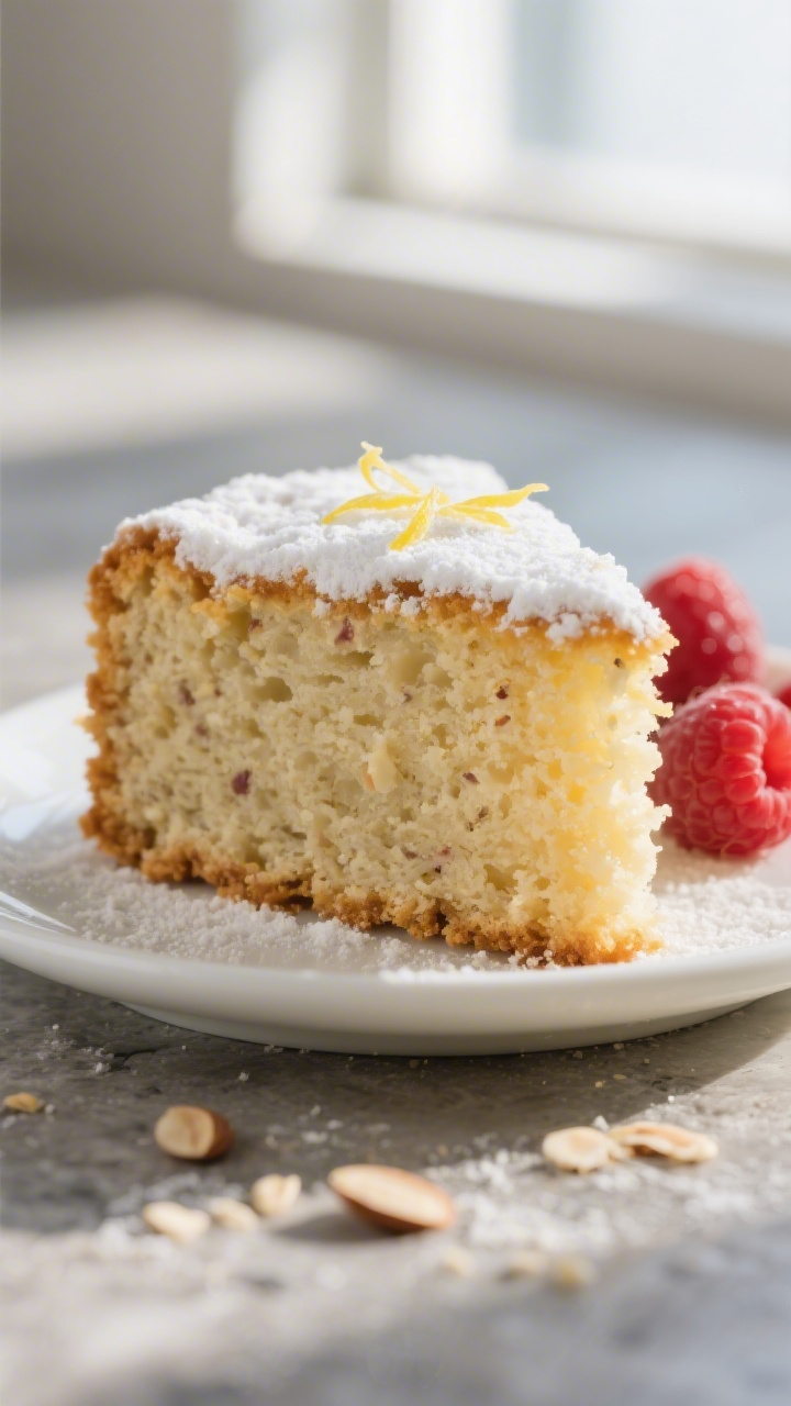 Close-up detail, crumb and finish: Extreme close-up of a sliced wedge of gluten-free almond cake on