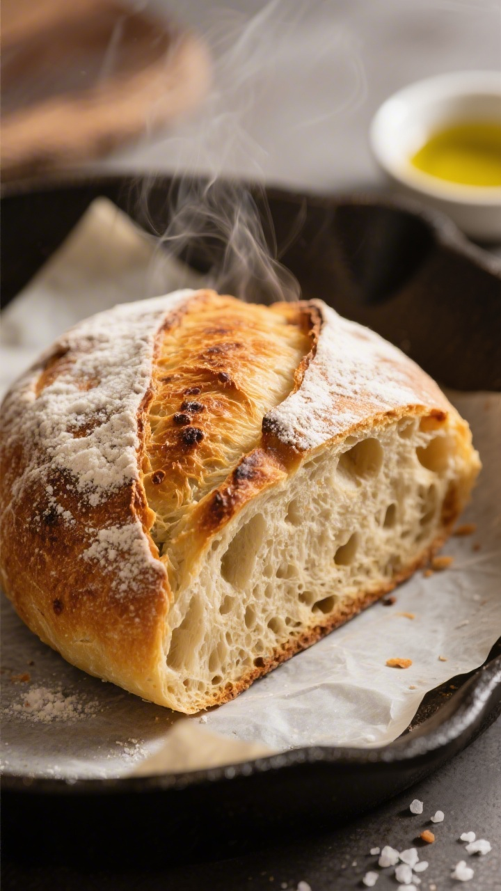 Close-up detail: Golden, broiled rustic loaf just out of the oven, crust deeply caramelized with a f