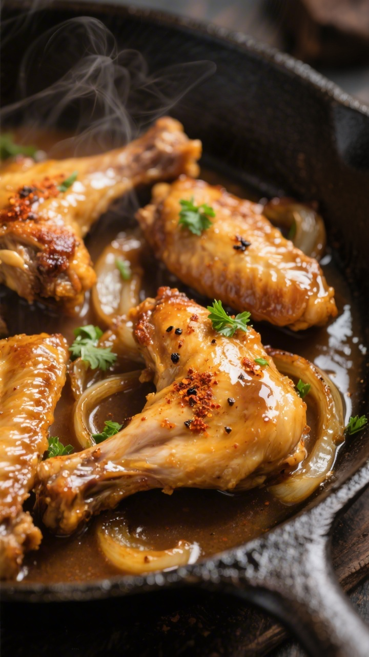 Close-up detail: Golden-browned turkey wing segments just out of the pressure cooker, glistening wit
