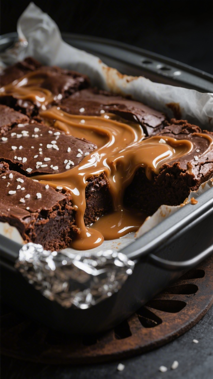 Close-up detail: Molten salted caramel brownies just out of the pressure-cooked pan, foil removed, e