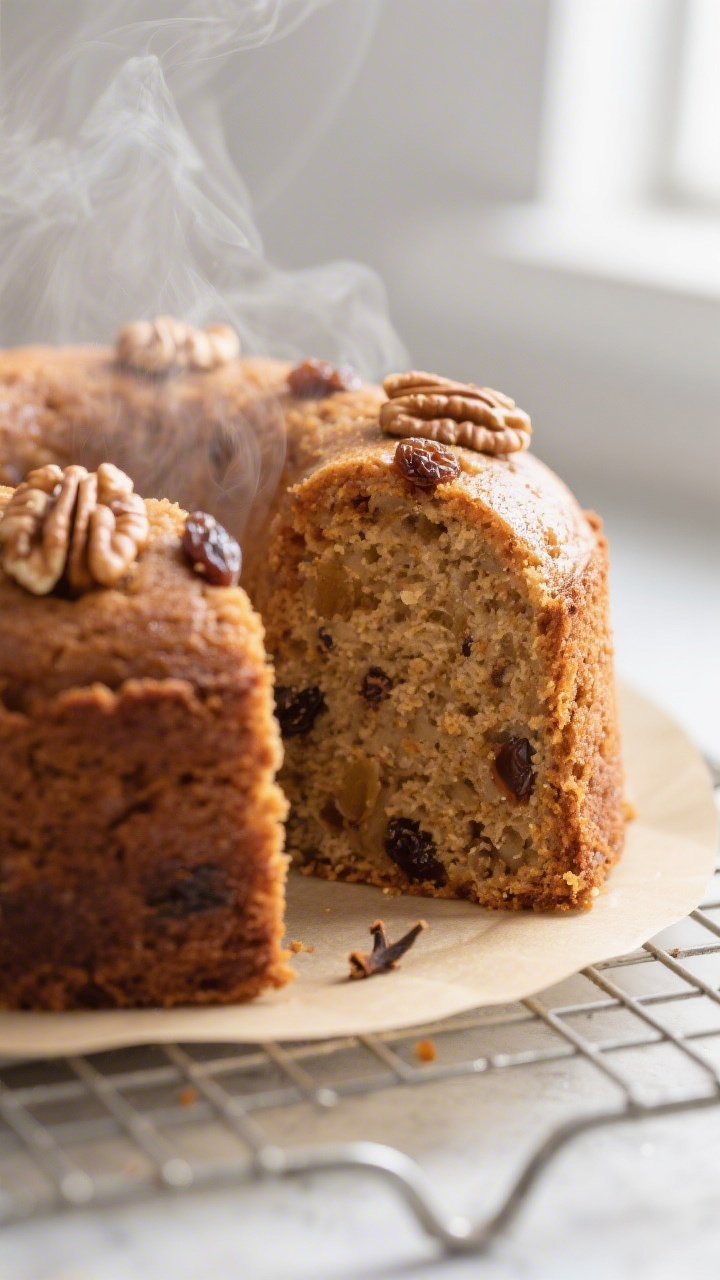 Close-up detail of a freshly unmolded Applesauce Spice Pressure Cooker Cake on a cooling rack, warm 