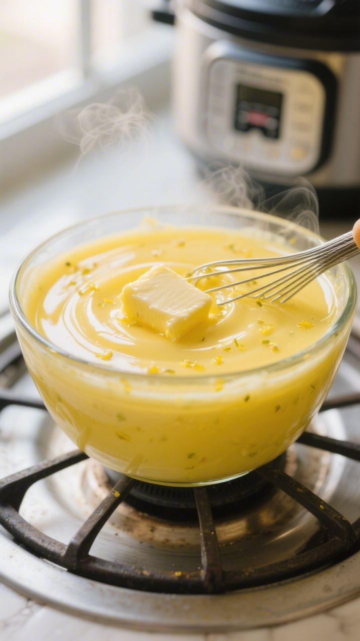 Close-up detail of glossy lemon curd just whisked to silkiness in a heatproof bowl after pressure co