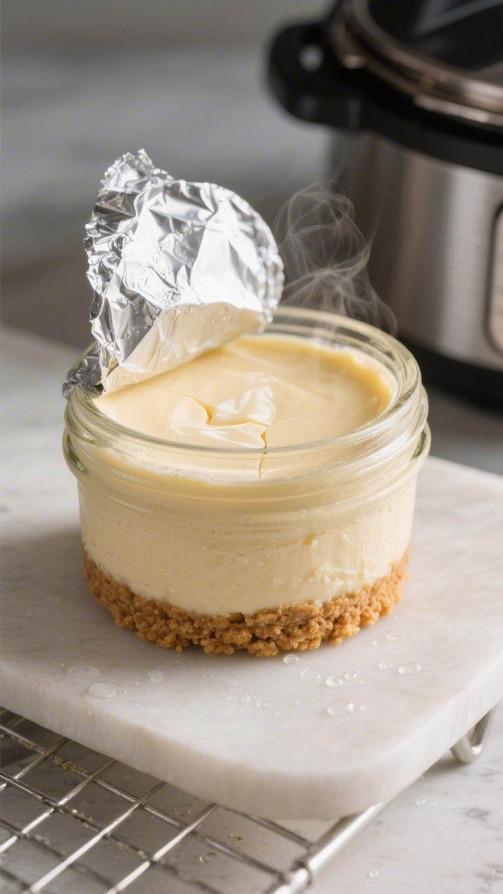 Close-up detail shot of a cooked mini cheesecake jar just out of the pressure cooker, foil cap peele