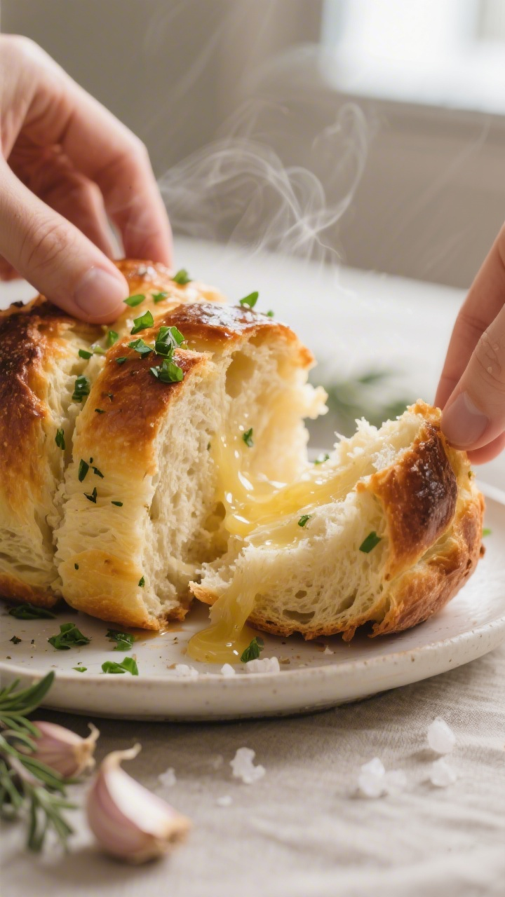 Close-up detail shot: Warm, cooked herb‑garlic pull‑apart bread pieces being torn apart at the t