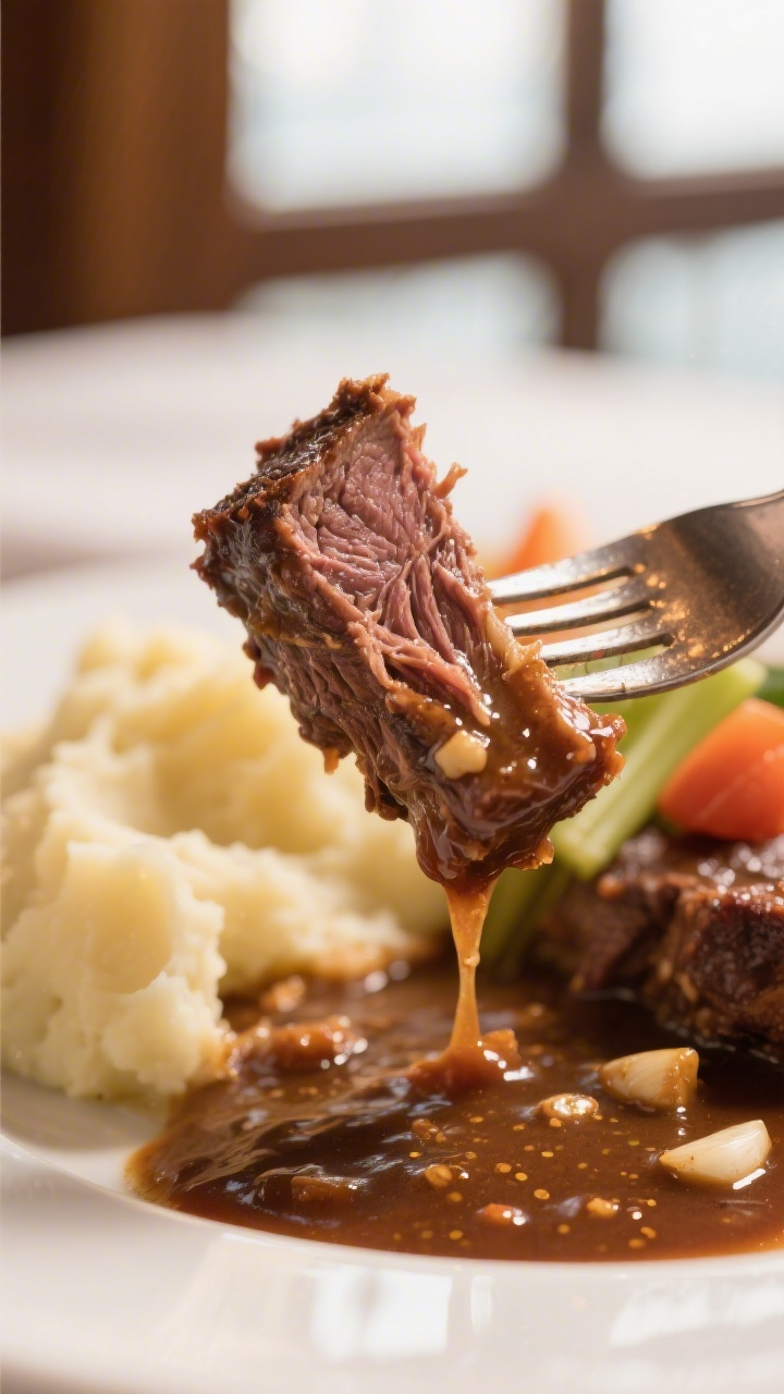 Close-up detail — Silky gravy and texture: Macro shot of a single rib chunk pulled slightly apart
