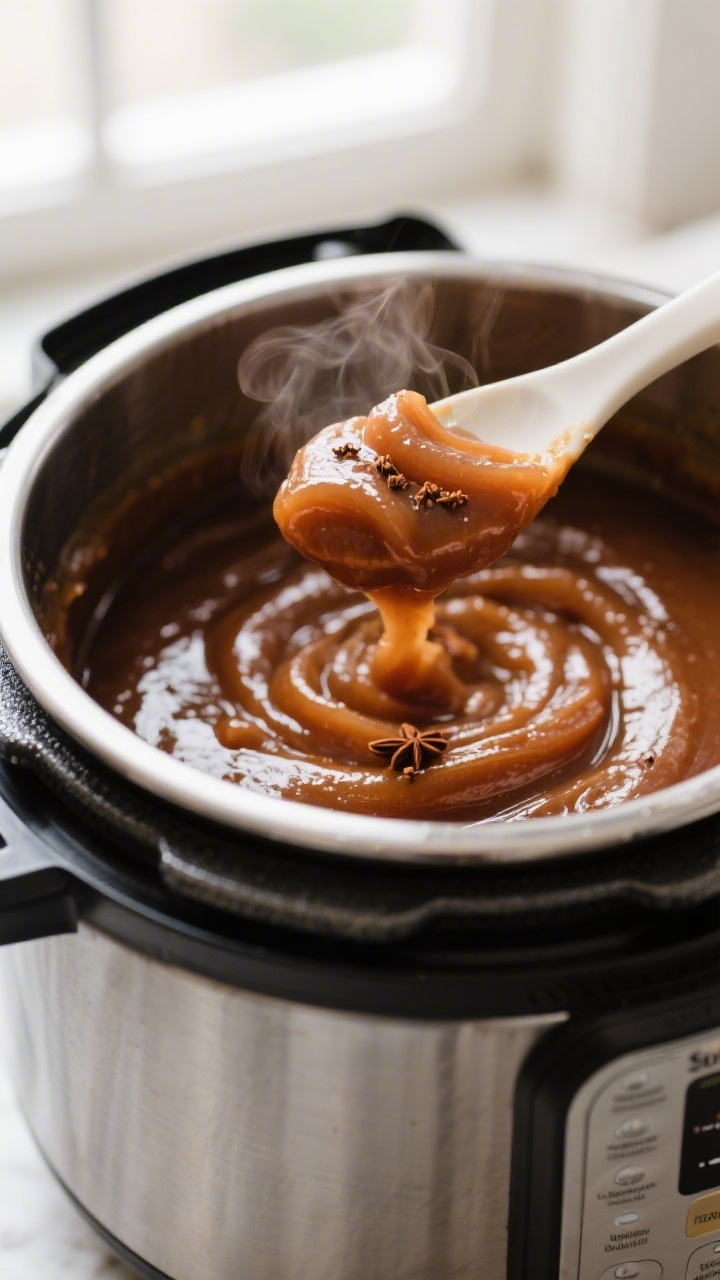 Close-up detail: Silky, thick apple butter just after reducing, swirling in a stainless steel pressu
