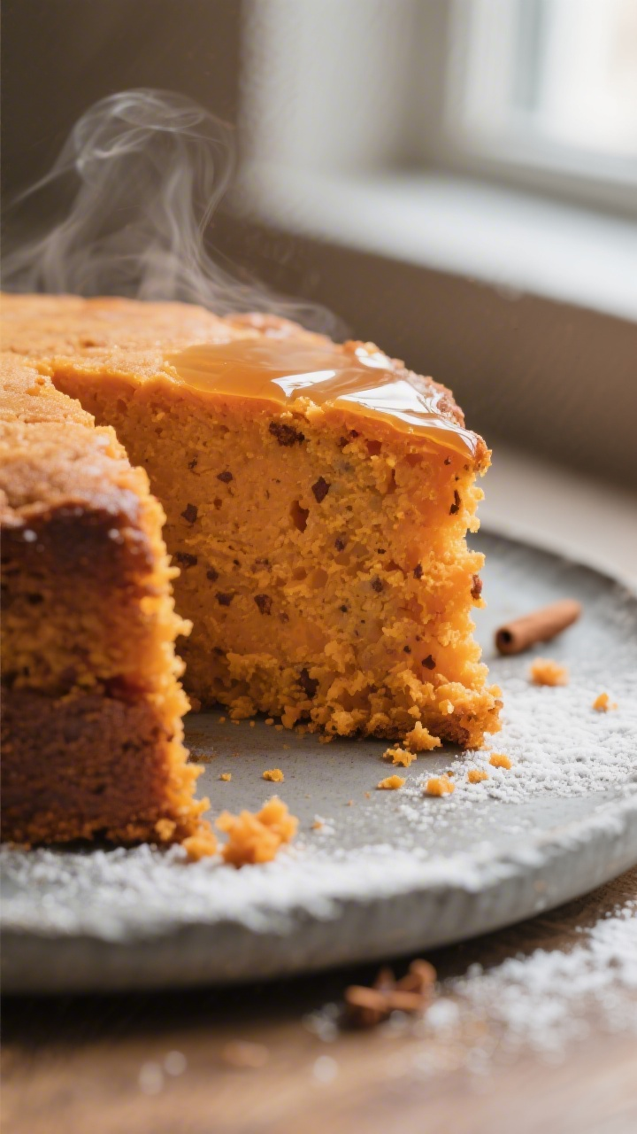 Close-up detail: Slice of Sweet Potato Maple Pressure Cooker Cake just cut, showing ultra-moist, ten