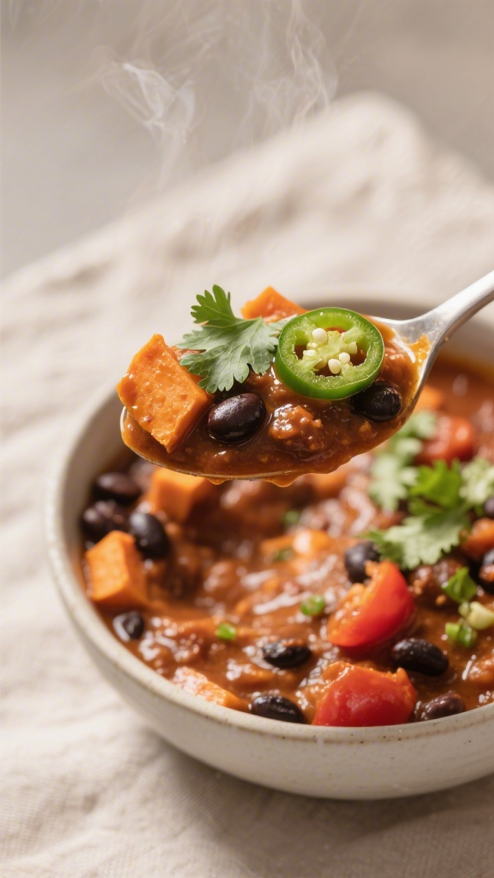 Close-up detail: Spoonful of finished Sweet Potato & Black Bean Power Chili lifted above the bowl—