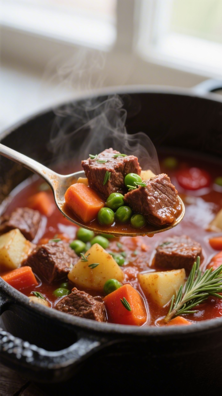 Close-up detail: Spoonful of simmering beef and vegetable stew lifted from a Dutch oven, showcasing