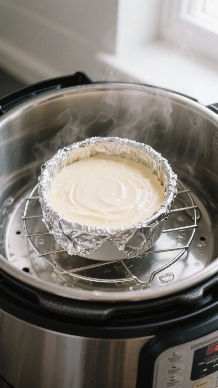 Cooking process – A 6-inch round cake pan filled with smooth vanilla cake batter covered tightly w