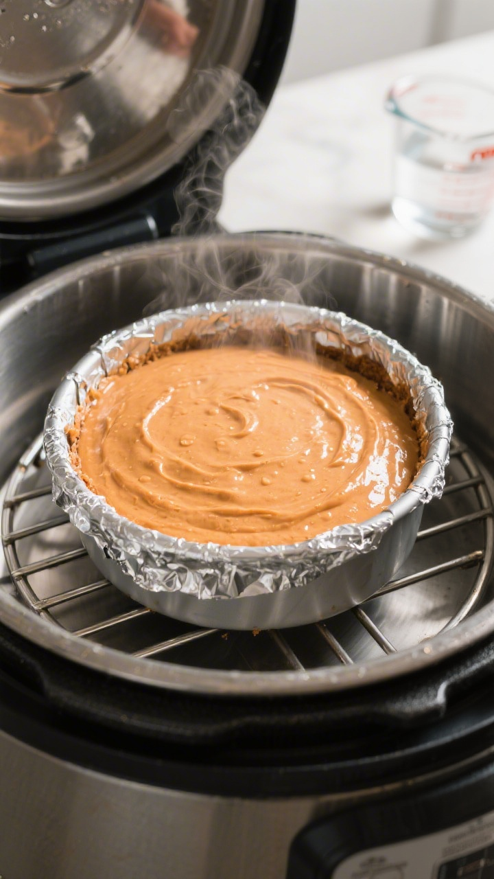 Cooking process: A 7-inch round cake pan filled with thick, silky sweet potato–maple batter being 