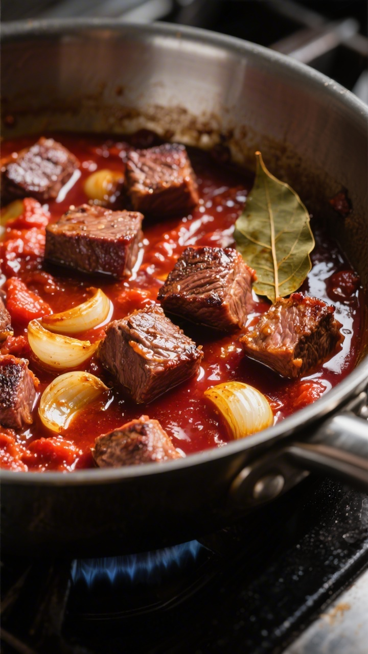 Cooking process: Browning stage captured in a heavy pot—seared beef chuck cubes with a caramelized