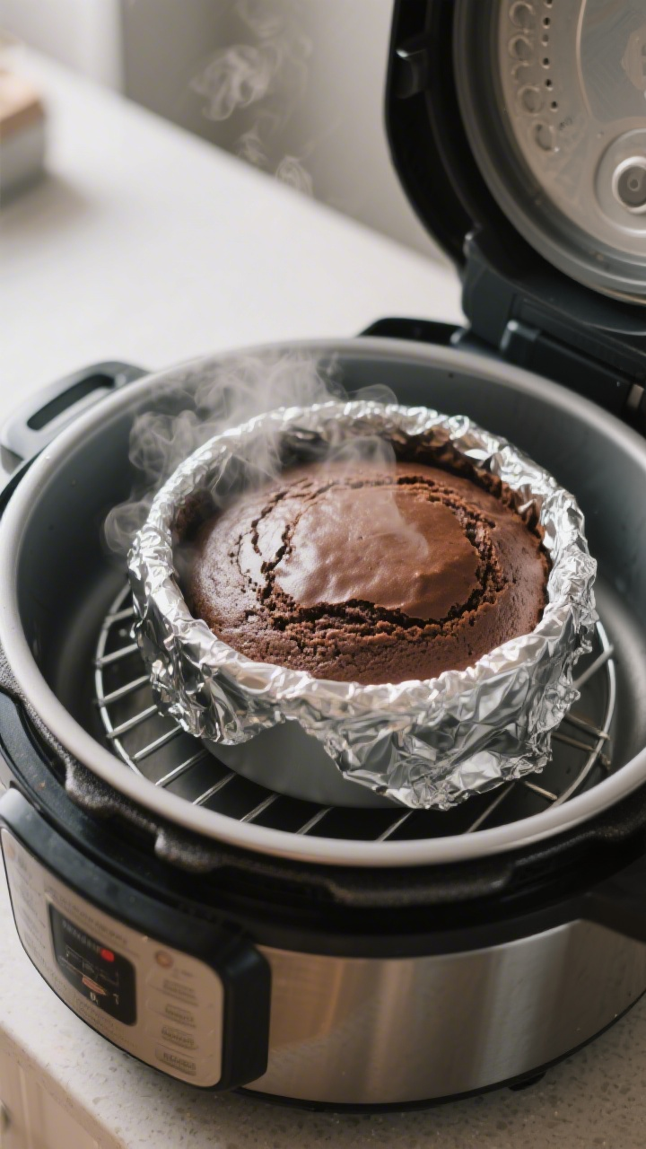 Cooking process close-up: A 7-inch round cake pan covered tightly with foil sitting on a trivet insi
