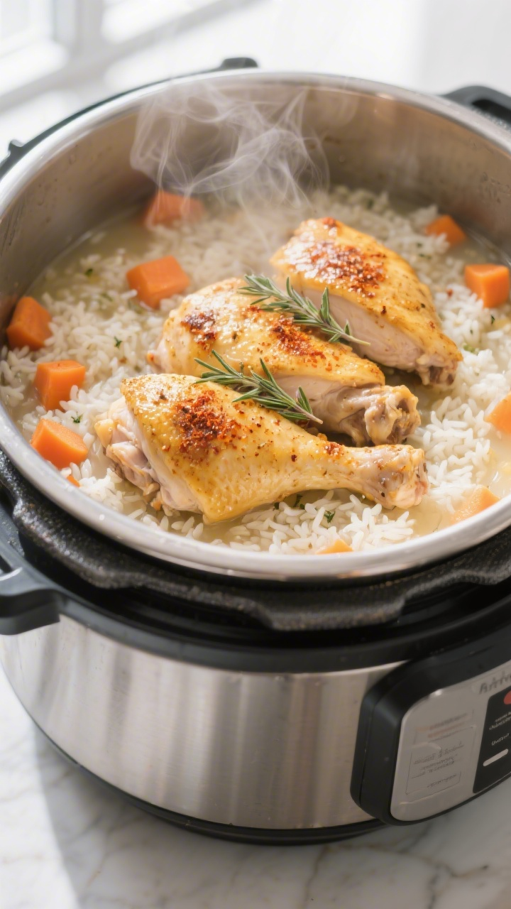 Cooking process, close-up: Close-up of golden-seasoned chicken thighs layered on top of simmering ri