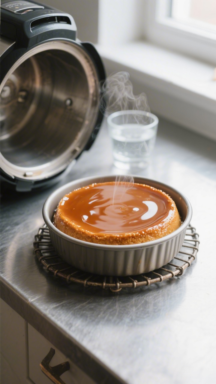 Cooking process close-up: Deep amber caramel freshly hardened in a 7-inch round flan mold, glossy su
