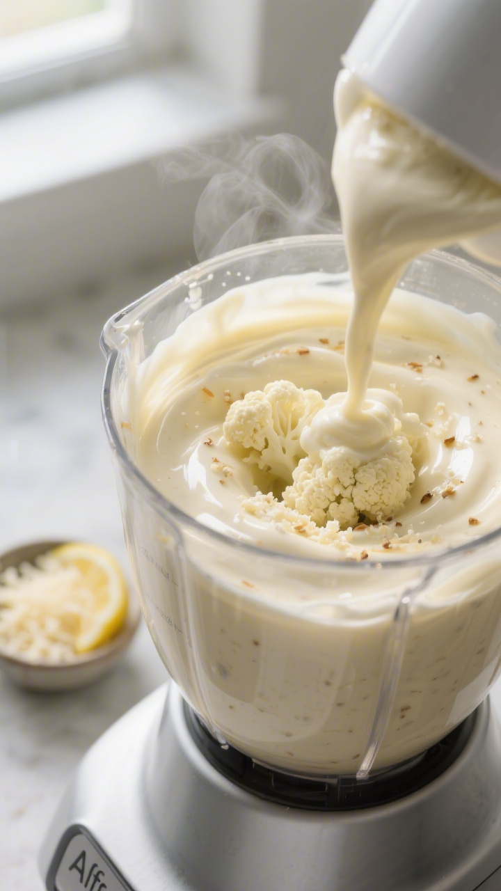 Cooking process, close-up detail: Cauliflower “Alfredo” sauce being blended to a silky, pourable