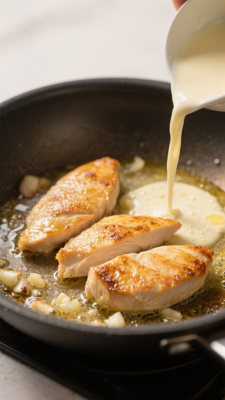 Cooking process close-up: Golden-seared chicken breast slices sizzling in a large skillet, bathed in