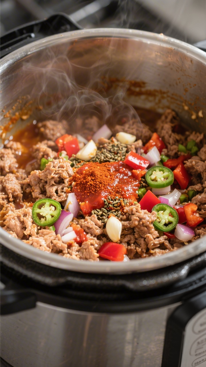 Cooking process, close-up: Sautéed ground turkey in a pressure cooker pot, coated with bloomed taco