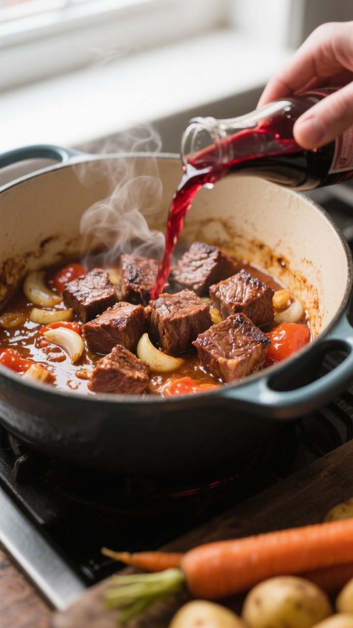 Cooking process close-up: Searing beef chuck cubes in a Dutch oven, deeply caramelized crust with fo