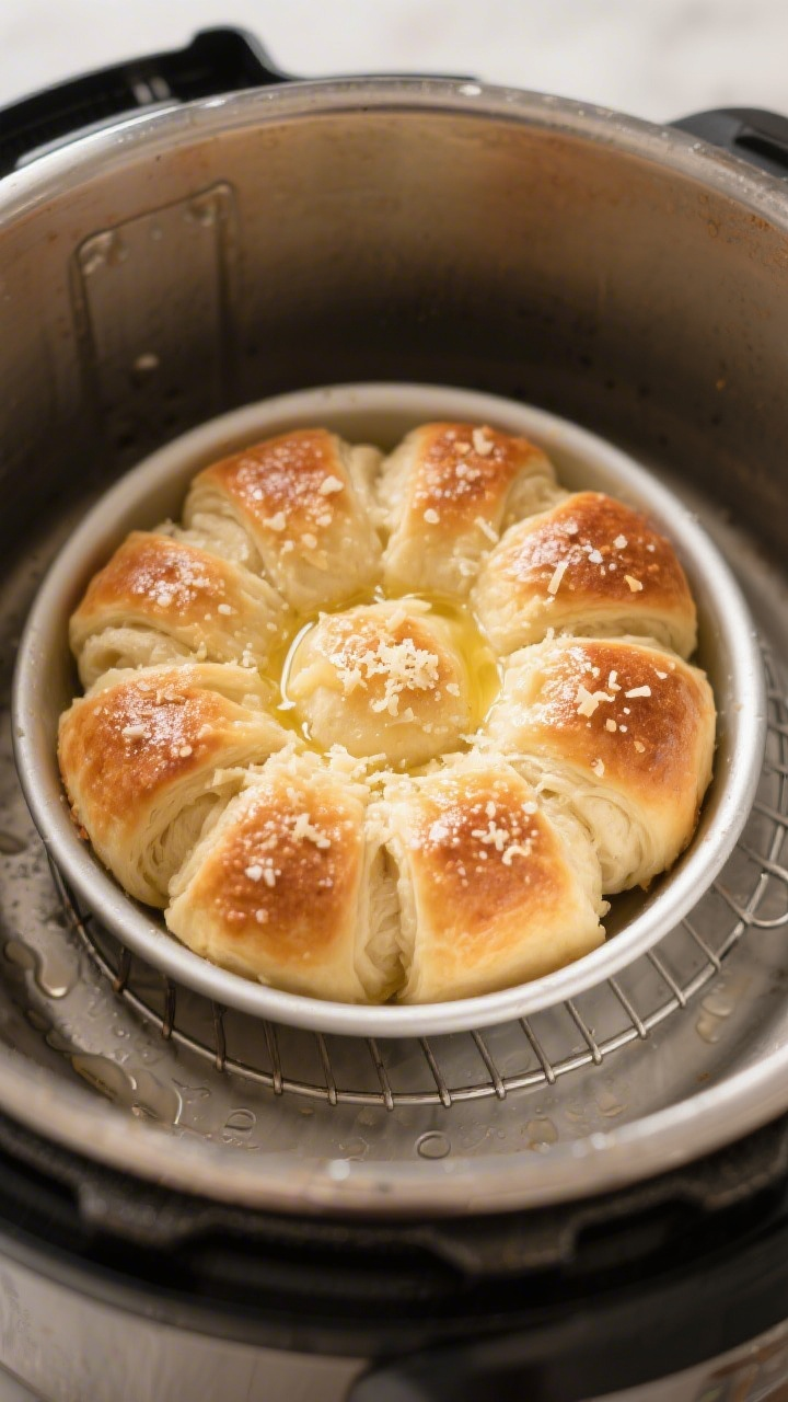 Cooking process in pressure cooker: Overhead shot of a 7-inch round pan just unfoiled after pressure