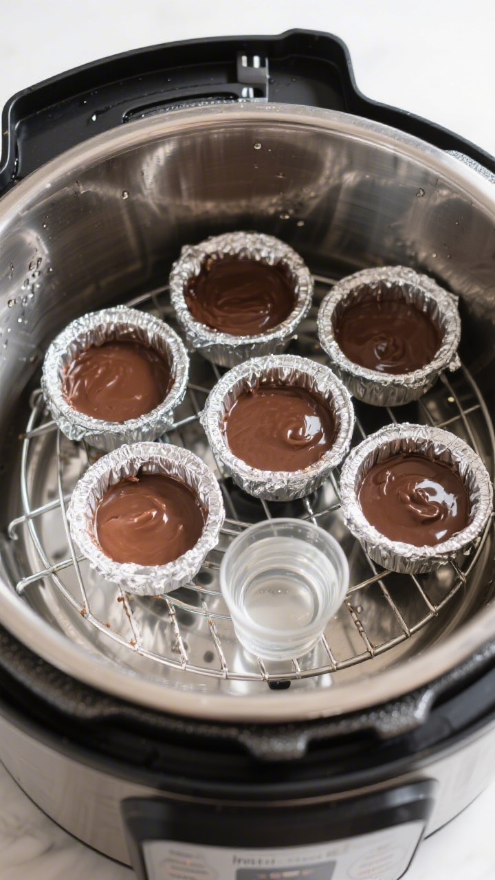 Cooking process: Overhead shot inside an Instant Pot with the lid off—ramekins filled 3/4 with glo