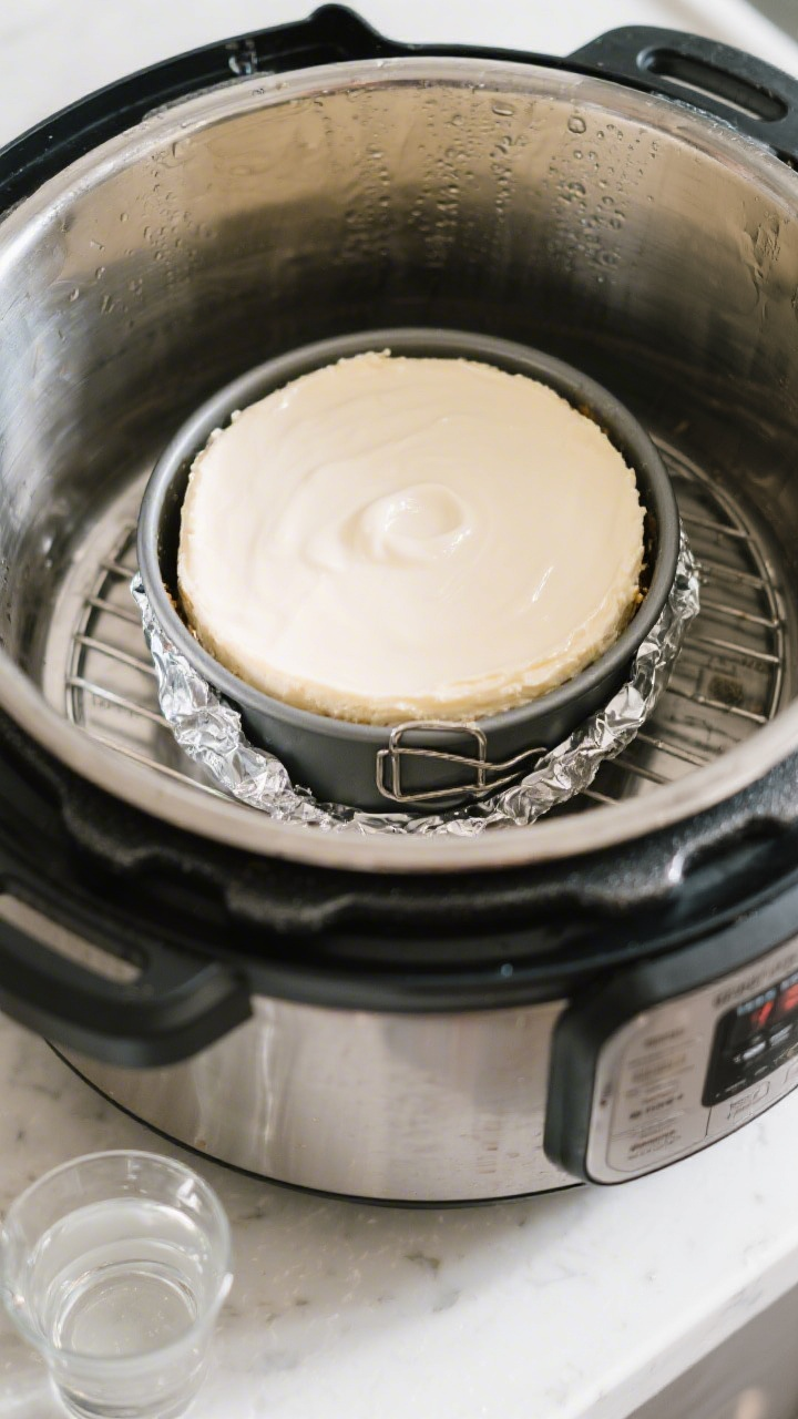 Cooking process: Overhead shot inside an open pressure cooker showing the 7-inch springform pan sitt