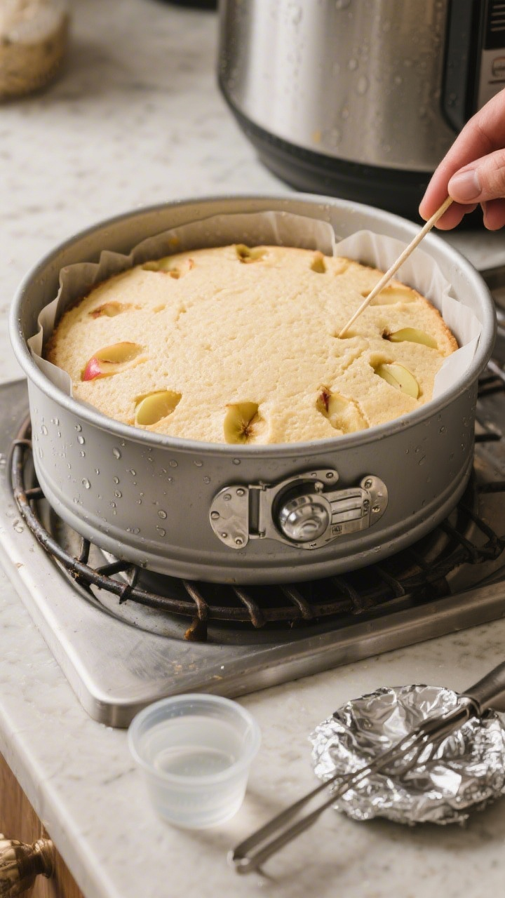 Cooking process: Overhead shot of the covered cake just unfoiled inside a round pan on a trivet, imm