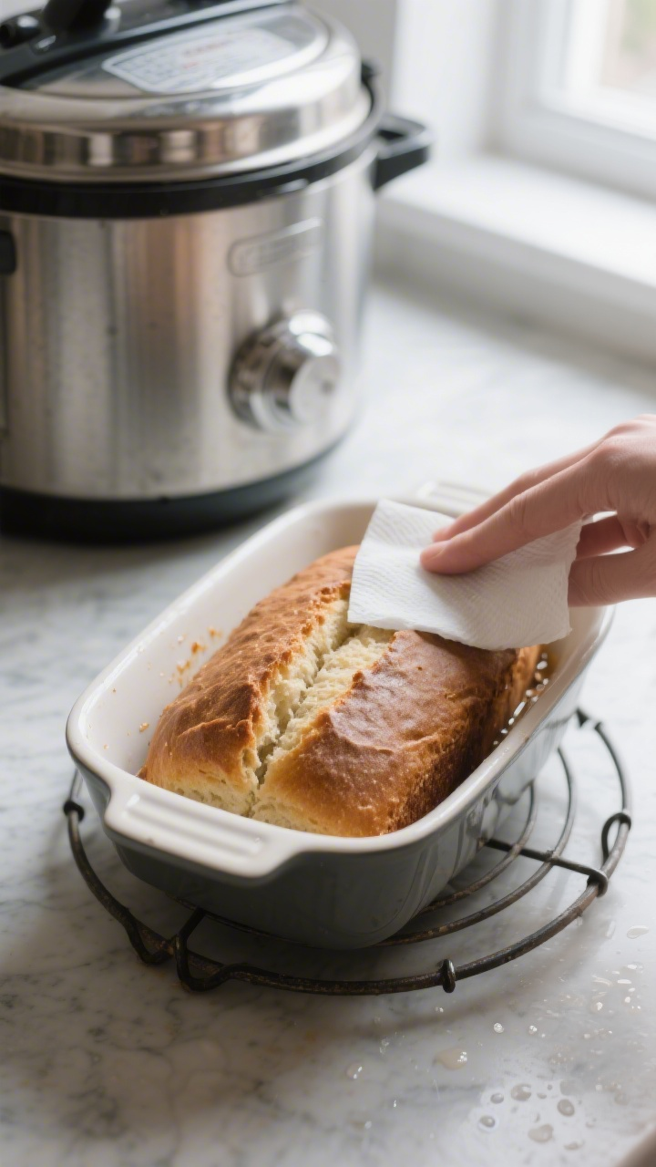 Cooking process: Overhead shot of the pressure-cooked loaf sitting seam-side down in a small, grease