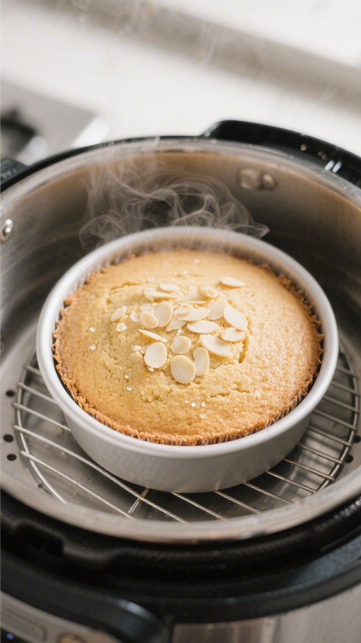 Cooking process, pressure cooker: A 7-inch round almond cake just finished pressure cooking, still i