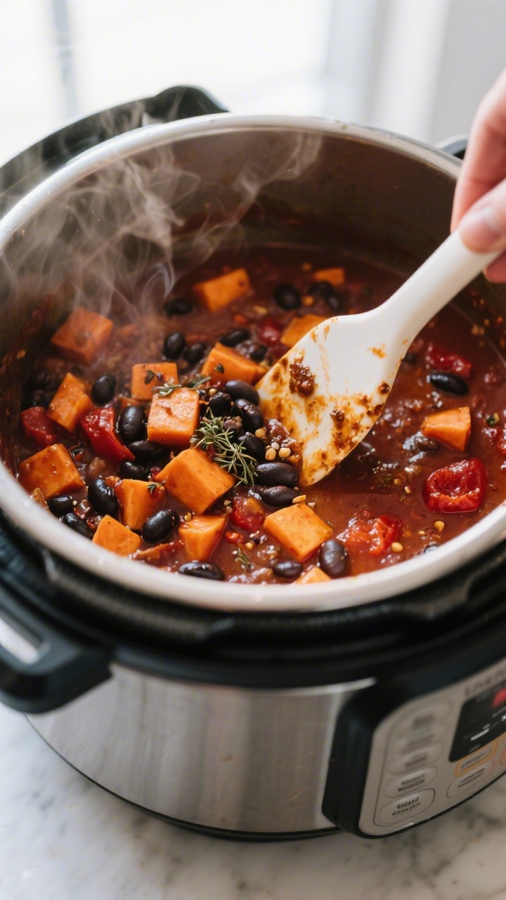 Cooking process: Pressure cooker chili mid-simmer, lid just opened with steam rising; tender 1/2-inc