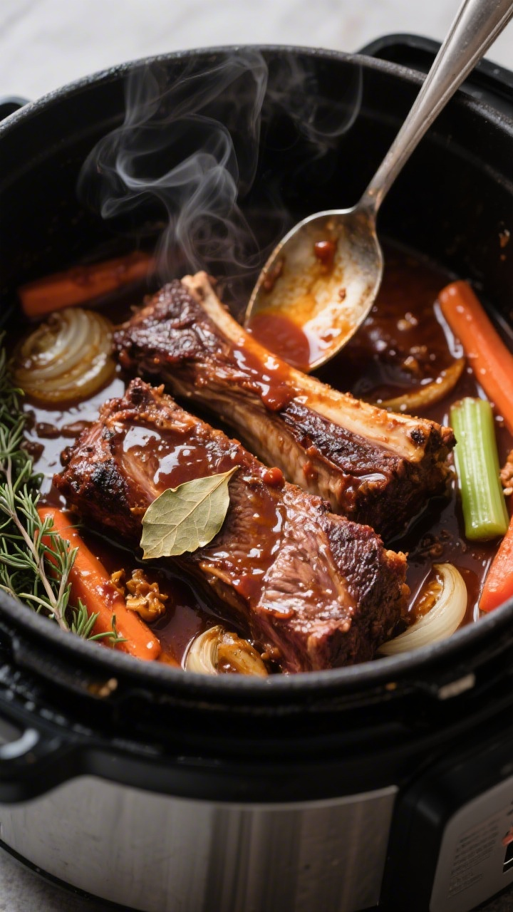 Cooking process — Searing short ribs in a pressure cooker: Close-up of deeply browned, bone-in bee