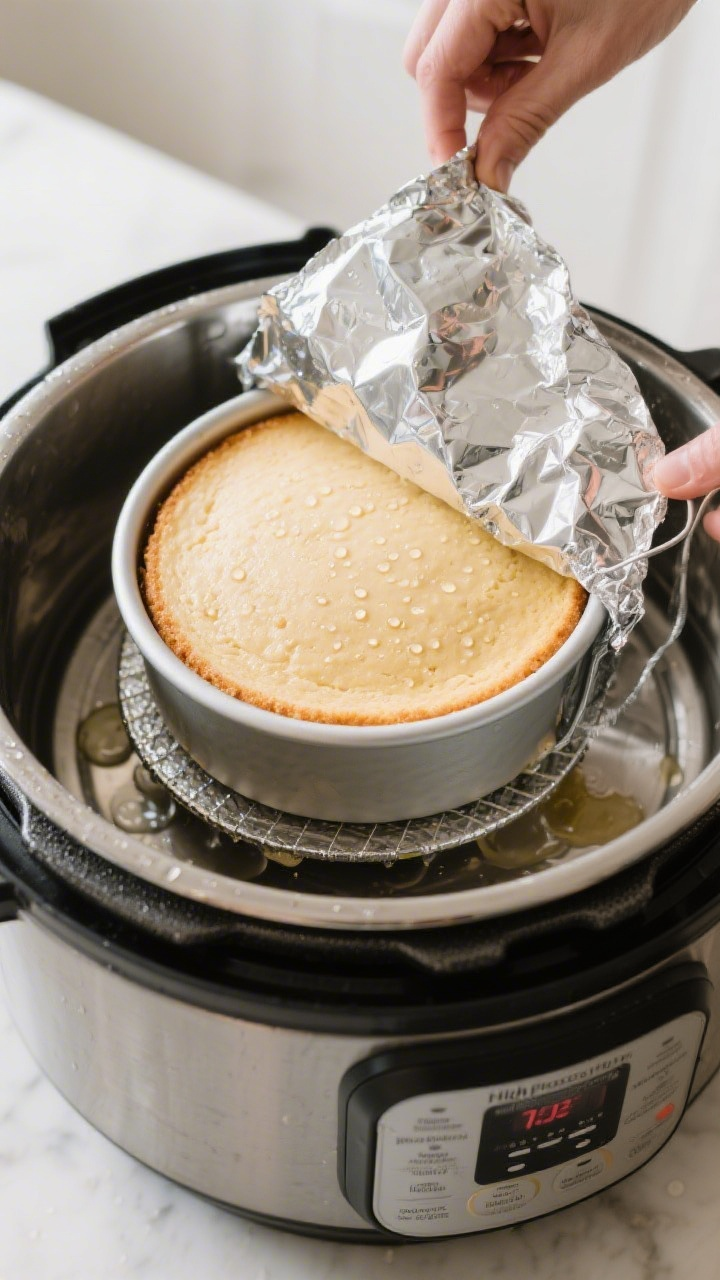 Cooking process shot: the 7-inch round cake pan just lifted from the pressure cooker using a foil sl