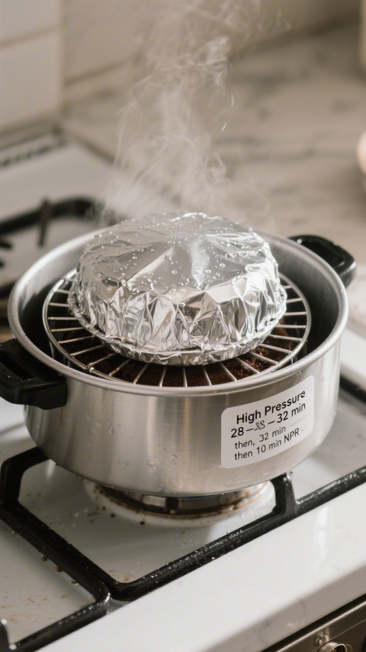 Cooking process: The covered cake pan set on a trivet inside an open pressure cooker insert with a h
