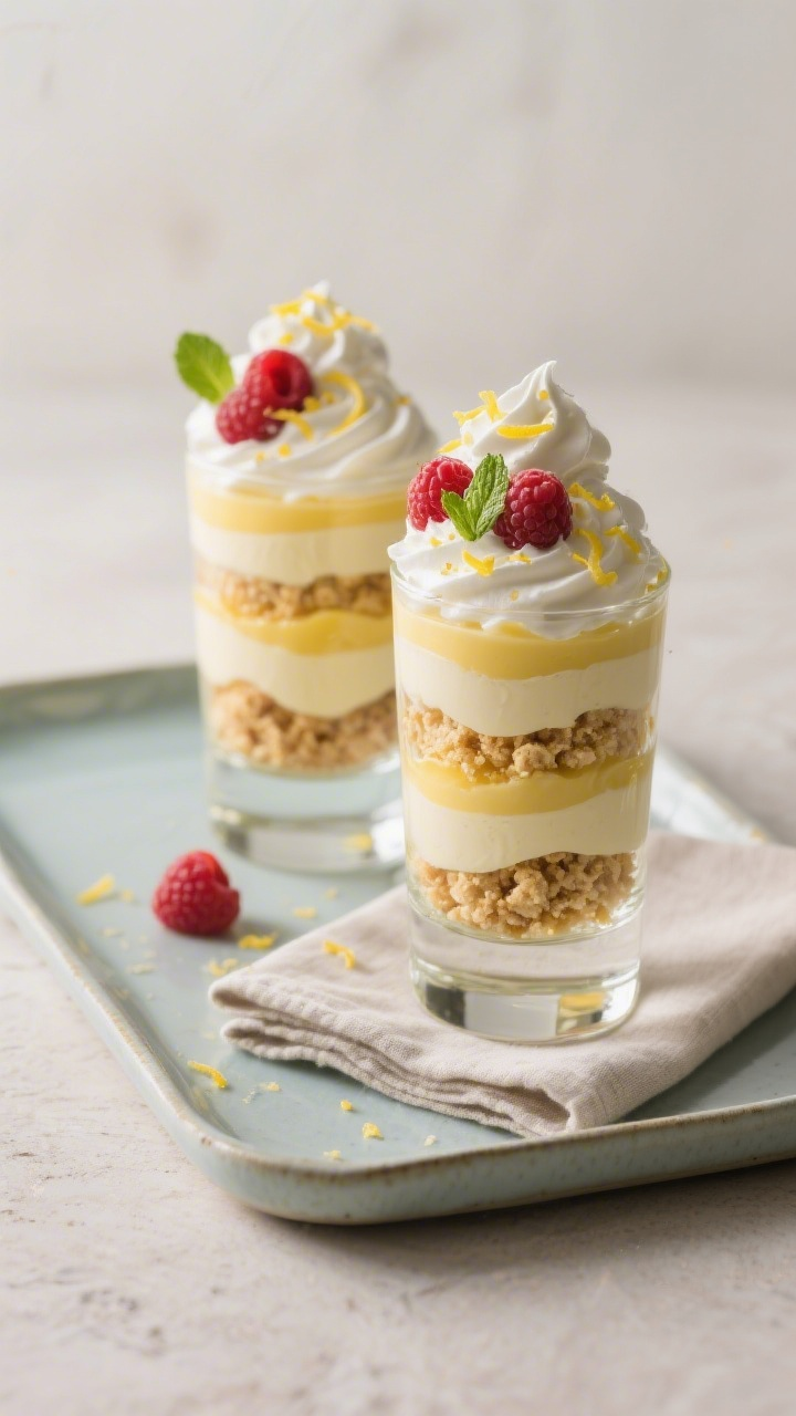 Final dish hero shot: beautifully plated Lemon Curd Custard Parfaits served in tall stemless glasses
