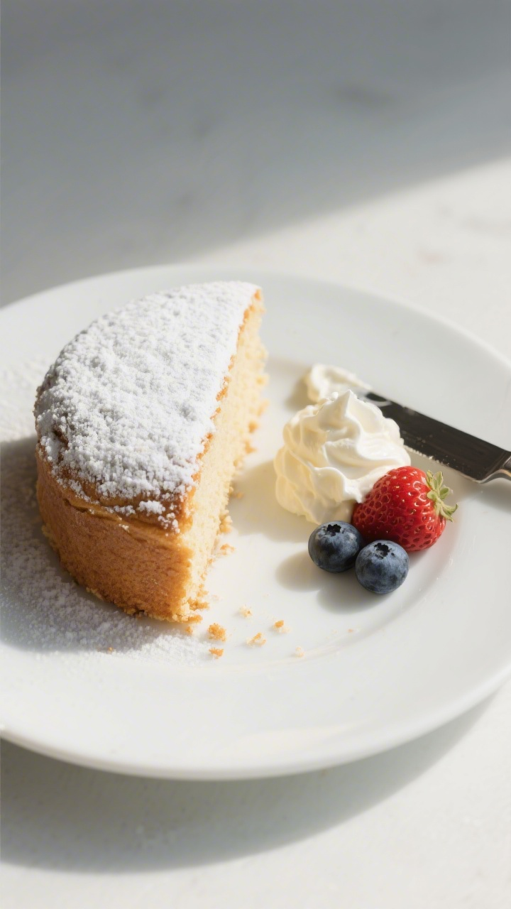 Final dish overhead – Top-down shot of the fully cooled vanilla cake dusted lightly with powdered