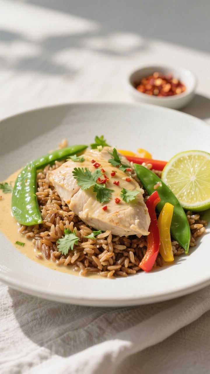 Final dish, plated beauty shot: Coconut‑Lime Chicken & Brown Rice bowl served in a wide, matte whi