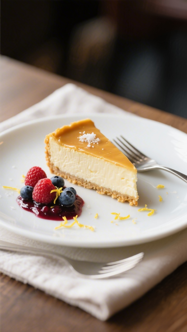 Final dish presentation: Beautifully plated chilled velvet cheesecake slice with ultra-clean edges o
