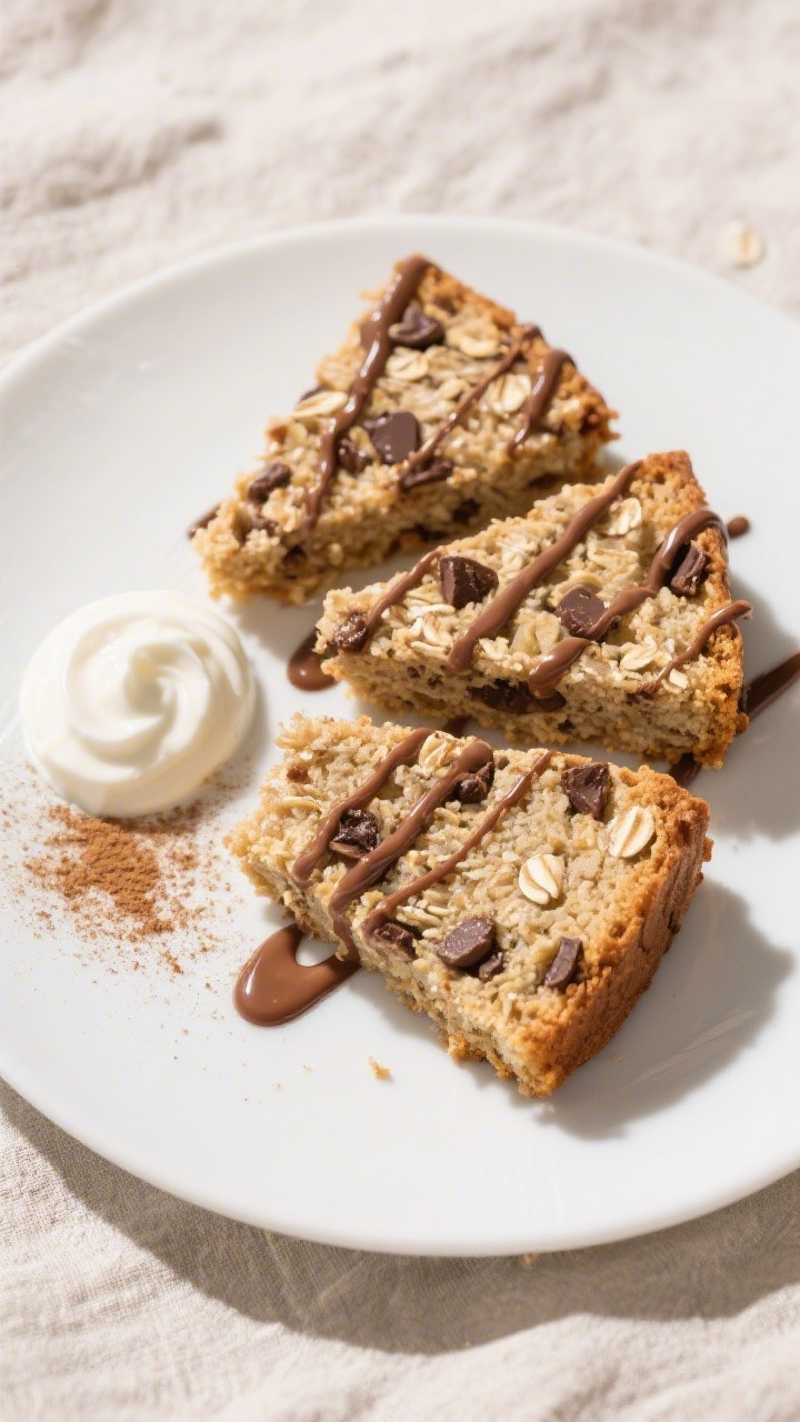 Final dish presentation: Beautifully plated wedges of chocolate chip oatmeal cake on a simple white