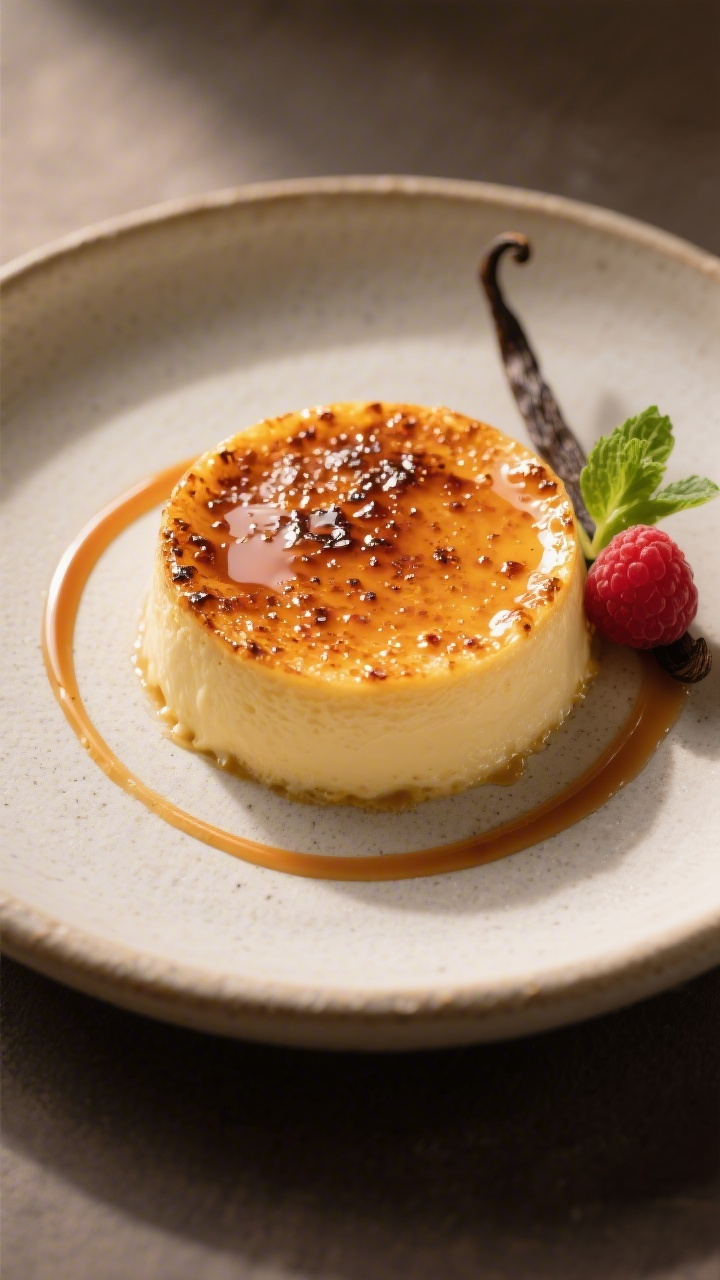 Final dish presentation: Restaurant-quality plated vanilla bean custard with a brûléed top variati