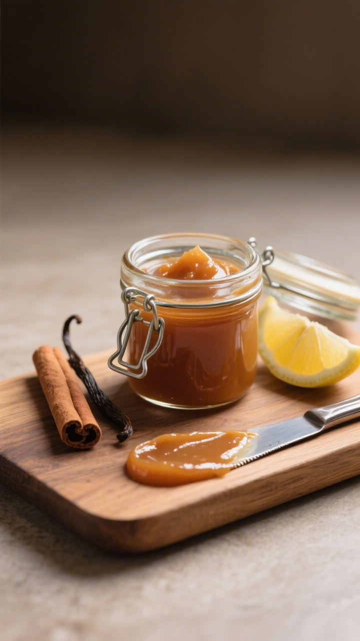 Final dish presentation: Restaurant-quality plating of apple butter served in a petite glass jar wit