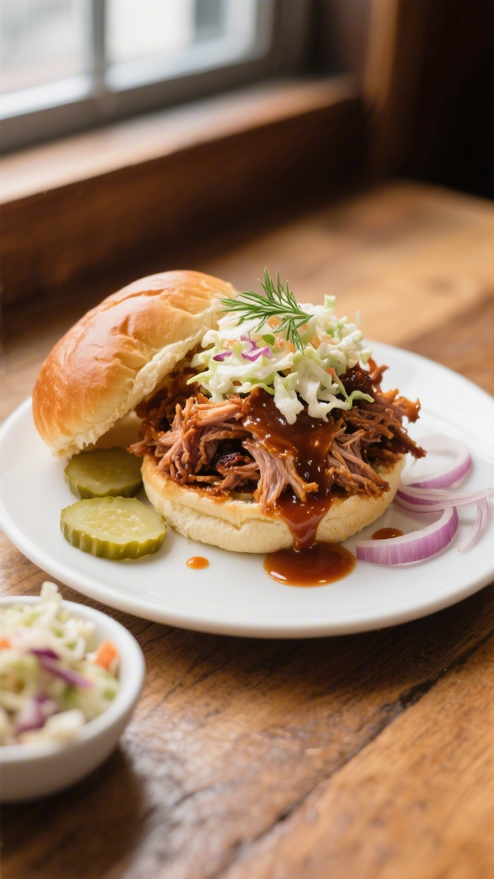 Final dish presentation: Restaurant-quality pulled pork sandwich on a soft toasted brioche bun, pile